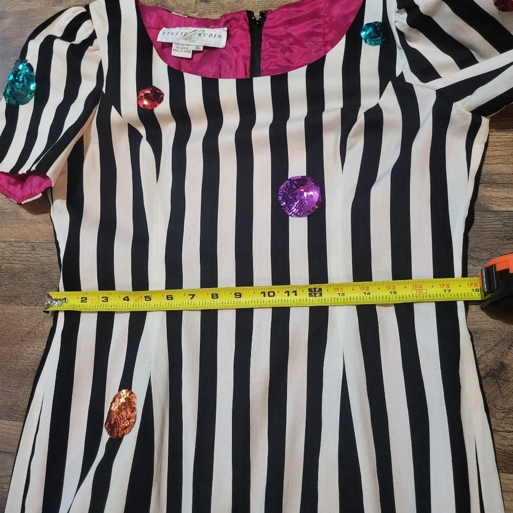 Vintage 70's/80's Lillie Rubin Designer Black and White Sequined Ruffle Dress 14 - Picture 7 of 9